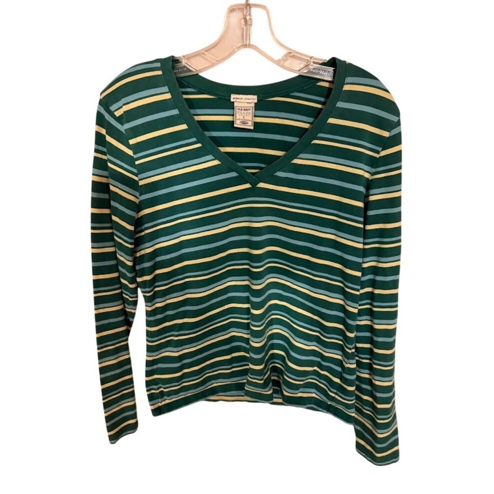 Old Navy Perfect Fit Stretch Striped V-Neck Long Sleeve Top Green Yellow Large